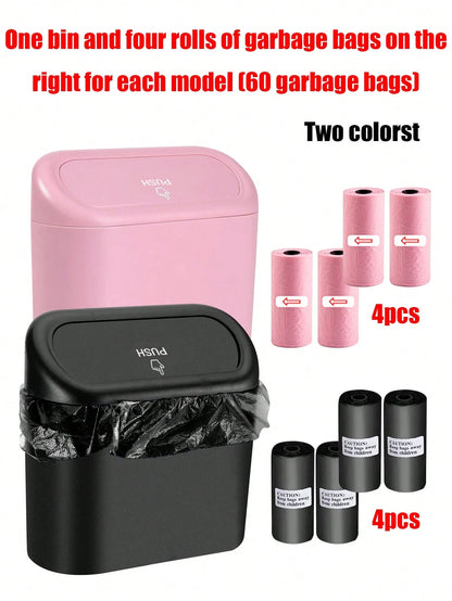 1 Trash Can And 4 Rolls Of Garbage Bags (15 Per Roll, 60 Garbage Bags In Total), Two Colors, Super Cute And Super Practical Car Trash Can And Garbage Bag