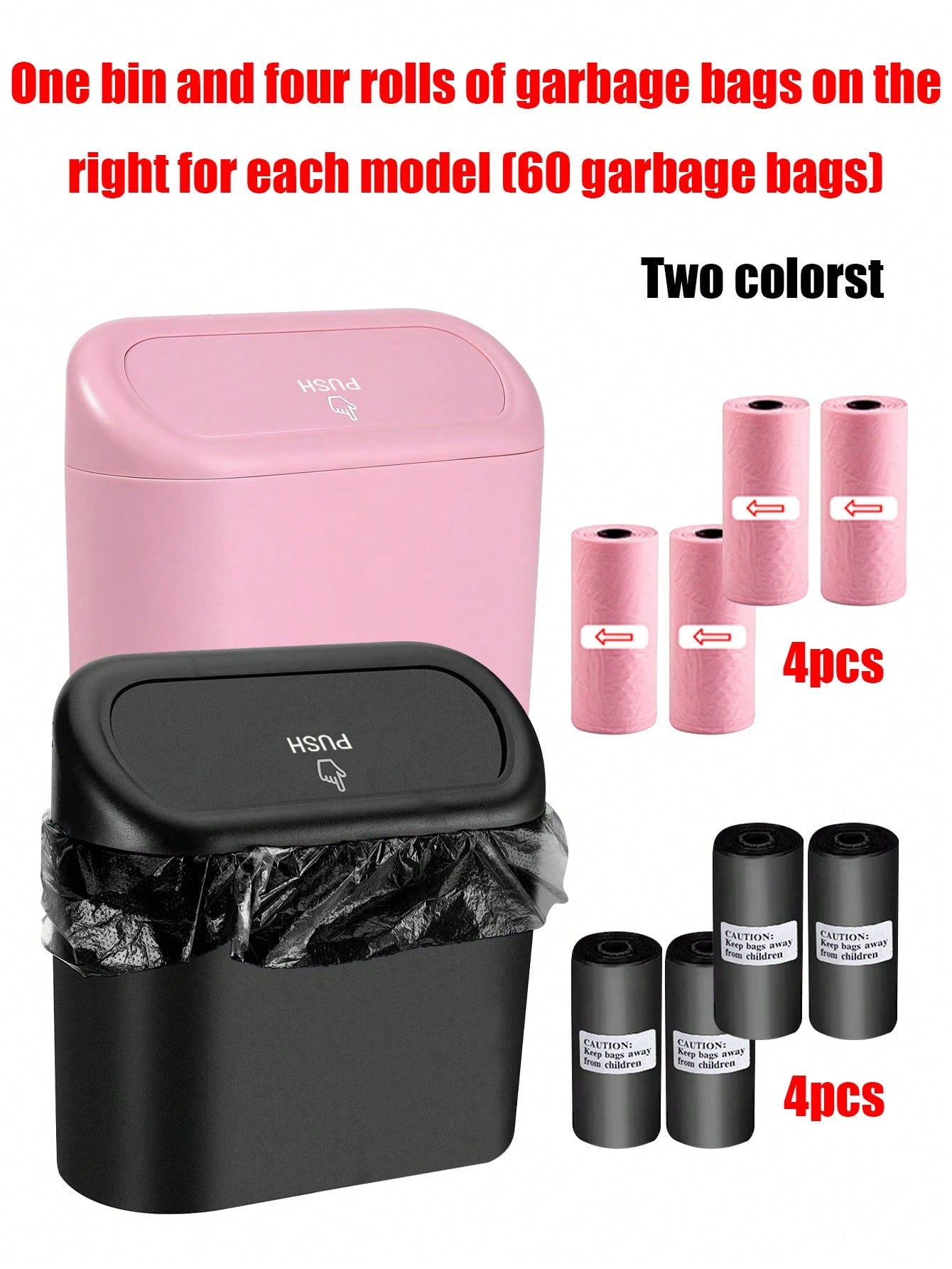 1 Trash Can And 4 Rolls Of Garbage Bags (15 Per Roll, 60 Garbage Bags In Total), Two Colors, Super Cute And Super Practical Car Trash Can And Garbage Bag