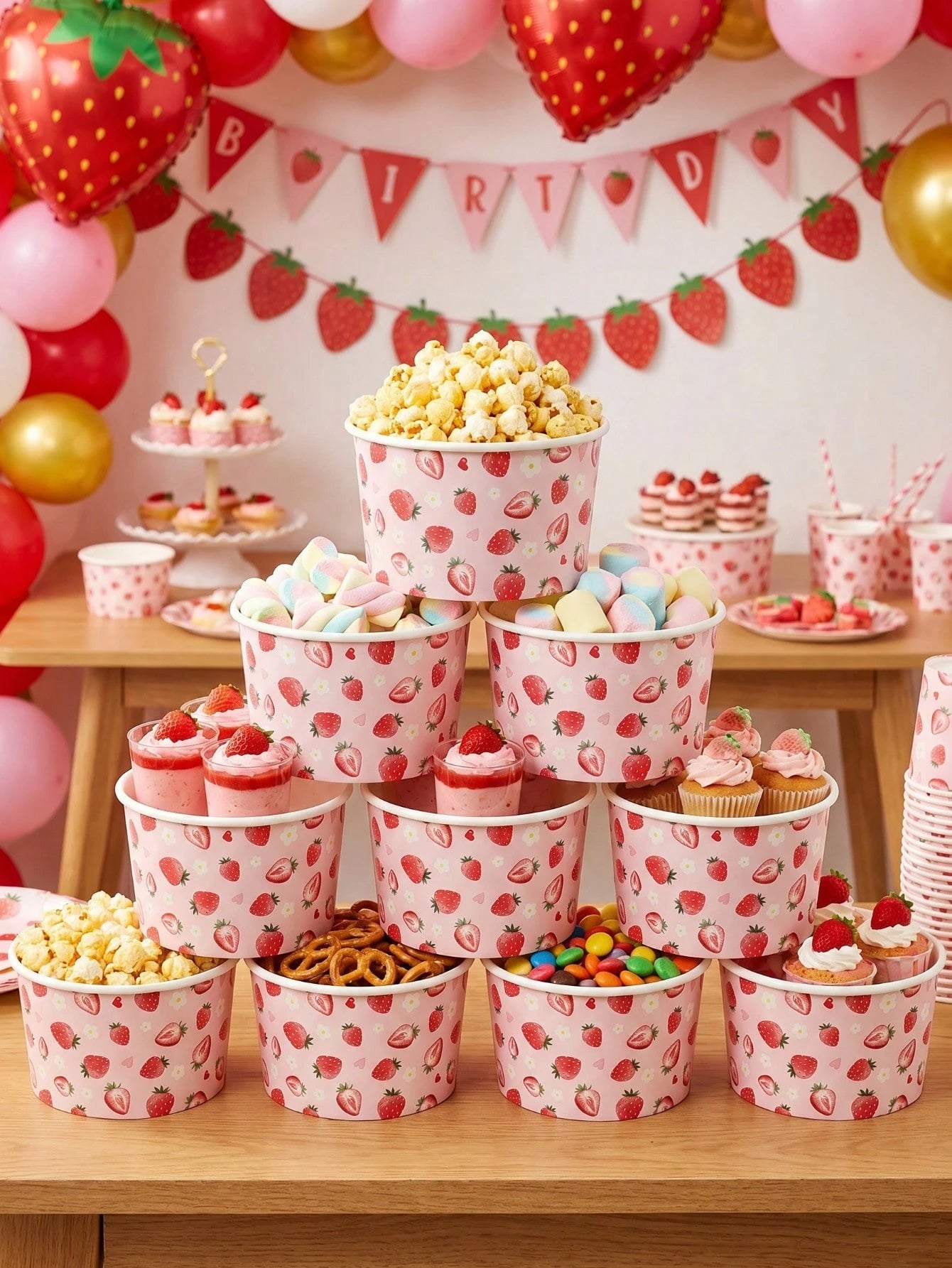 10/25pcs Pink Strawberry Paper Bowls, Cute Strawberry Disposable Paper Bowls, Ice Cream Bowls, Candy Bowls, Disposable Tableware, Snack Bowls, Disposable Food Containers, Cookie Baking Bowls, Tabletop