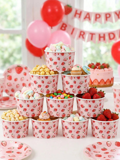 10/25pcs Pink Strawberry Paper Bowls, Cute Strawberry Disposable Paper Bowls, Ice Cream Bowls, Candy Bowls, Disposable Tableware, Snack Bowls, Disposable Food Containers, Cookie Baking Bowls, Tabletop