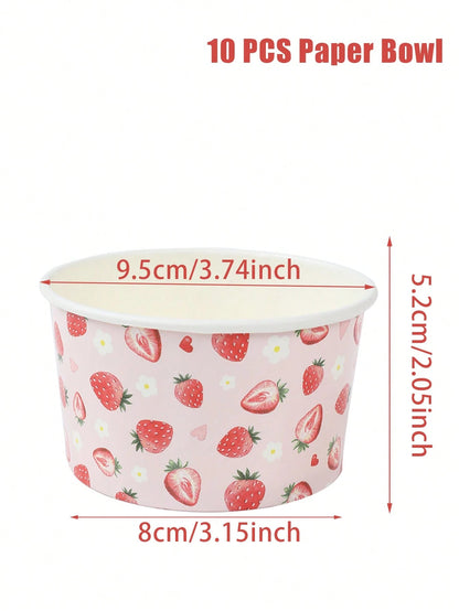 10/25pcs Pink Strawberry Paper Bowls, Cute Strawberry Disposable Paper Bowls, Ice Cream Bowls, Candy Bowls, Disposable Tableware, Snack Bowls, Disposable Food Containers, Cookie Baking Bowls, Tabletop