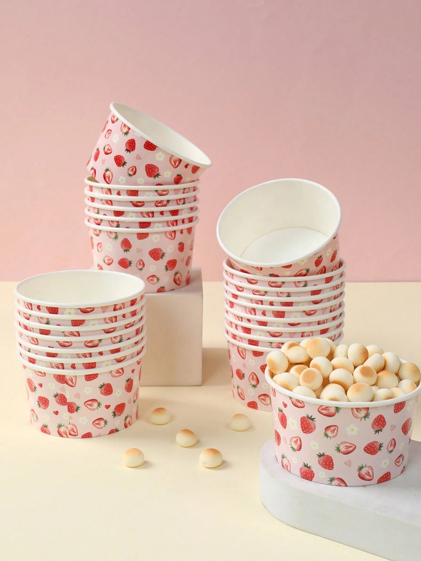 10/25pcs Pink Strawberry Paper Bowls, Cute Strawberry Disposable Paper Bowls, Ice Cream Bowls, Candy Bowls, Disposable Tableware, Snack Bowls, Disposable Food Containers, Cookie Baking Bowls, Tabletop