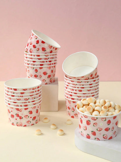 10/25pcs Pink Strawberry Paper Bowls, Cute Strawberry Disposable Paper Bowls, Ice Cream Bowls, Candy Bowls, Disposable Tableware, Snack Bowls, Disposable Food Containers, Cookie Baking Bowls, Tabletop