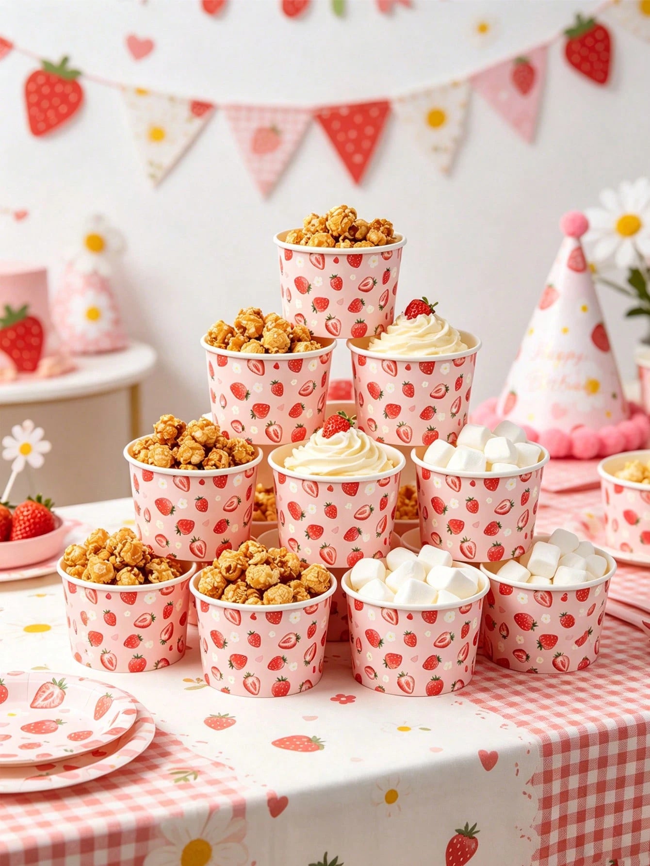 10/25pcs Pink Strawberry Paper Bowls, Cute Strawberry Disposable Paper Bowls, Ice Cream Bowls, Candy Bowls, Disposable Tableware, Snack Bowls, Disposable Food Containers, Cookie Baking Bowls, Tabletop
