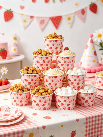 10/25pcs Pink Strawberry Paper Bowls, Cute Strawberry Disposable Paper Bowls, Ice Cream Bowls, Candy Bowls, Disposable Tableware, Snack Bowls, Disposable Food Containers, Cookie Baking Bowls, Tabletop