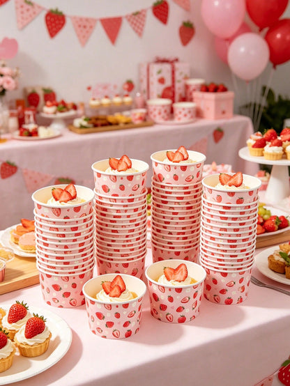 10/25pcs Pink Strawberry Paper Bowls, Cute Strawberry Disposable Paper Bowls, Ice Cream Bowls, Candy Bowls, Disposable Tableware, Snack Bowls, Disposable Food Containers, Cookie Baking Bowls, Tabletop
