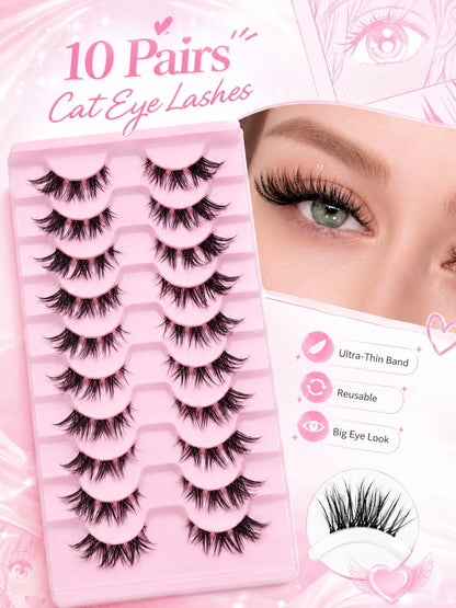 10 Pairs Cat Eye Half False Eyelashes, Outer Corner Lengthening Style, Ultra-Thin Lash Band, Soft Fluffy Lightweight Reusable Strip Lashes, Suitable For Daily Makeup
