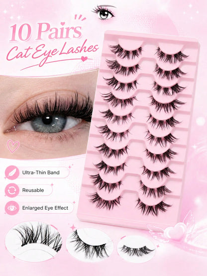 10 Pairs Cat Eye Half False Eyelashes, Outer Corner Lengthening Style, Ultra-Thin Lash Band, Soft Fluffy Lightweight Reusable Strip Lashes, Suitable For Daily Makeup