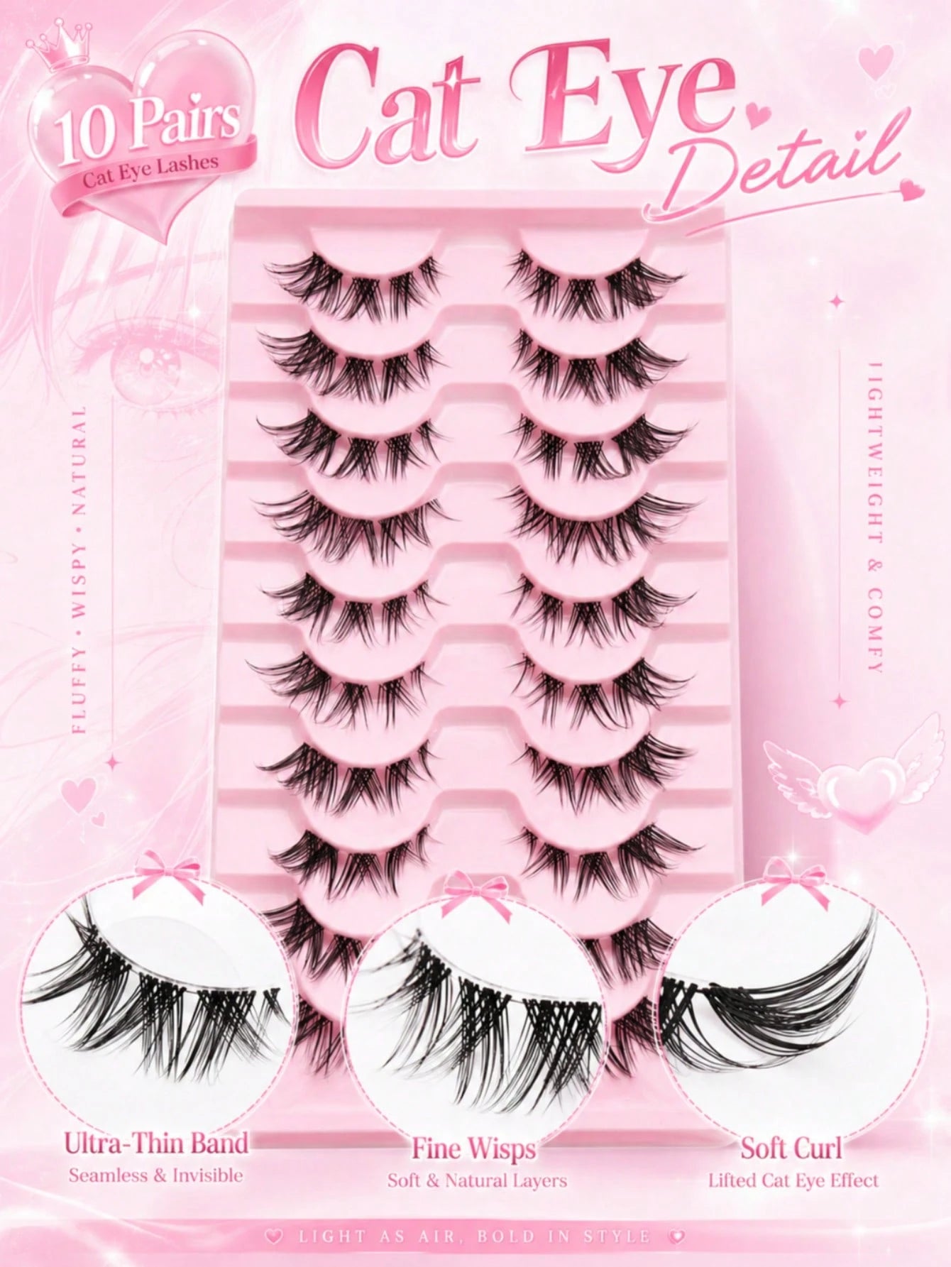 10 Pairs Cat Eye Half False Eyelashes, Outer Corner Lengthening Style, Ultra-Thin Lash Band, Soft Fluffy Lightweight Reusable Strip Lashes, Suitable For Daily Makeup