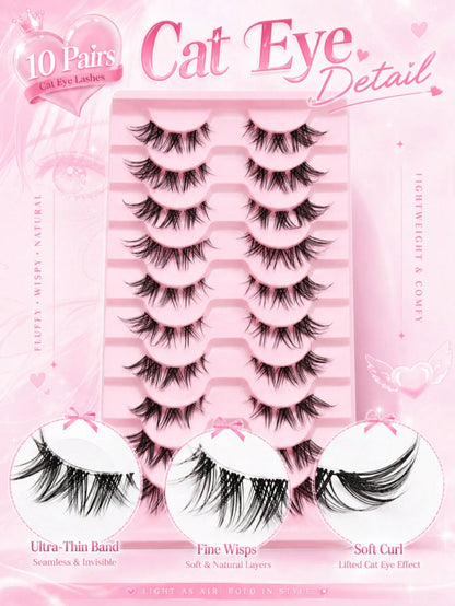 10 Pairs Cat Eye Half False Eyelashes, Outer Corner Lengthening Style, Ultra-Thin Lash Band, Soft Fluffy Lightweight Reusable Strip Lashes, Suitable For Daily Makeup