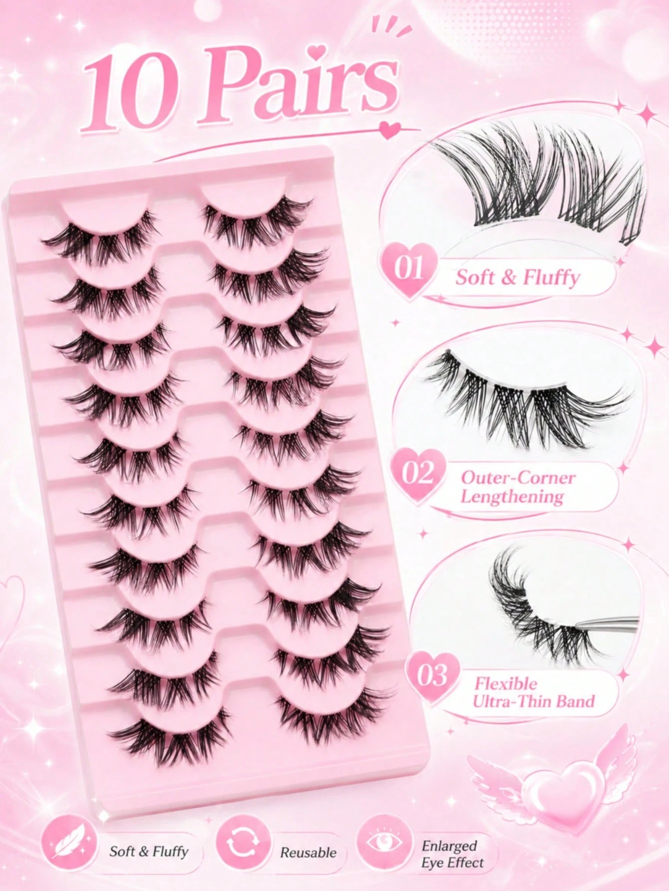 10 Pairs Cat Eye Half False Eyelashes, Outer Corner Lengthening Style, Ultra-Thin Lash Band, Soft Fluffy Lightweight Reusable Strip Lashes, Suitable For Daily Makeup