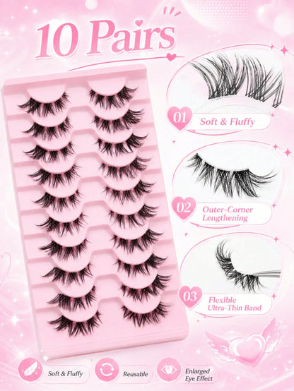 10 Pairs Cat Eye Half False Eyelashes, Outer Corner Lengthening Style, Ultra-Thin Lash Band, Soft Fluffy Lightweight Reusable Strip Lashes, Suitable For Daily Makeup