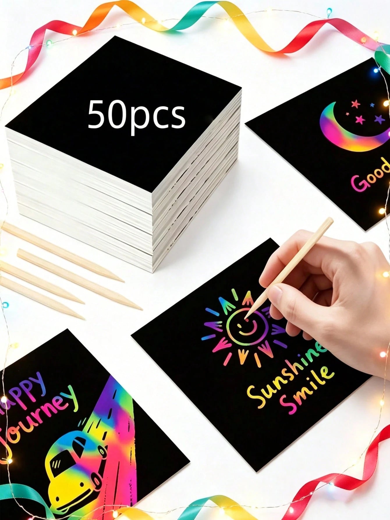 100/50pcs Rainbow Scratch Art Paper, Rainbow Art Scratch Paper Set, Magic Scratch Paper Set, Handmade Craft Supplies, Black Scratch Board, Party Game Activity, Classroom, Party, Game, Birthday Gift, S