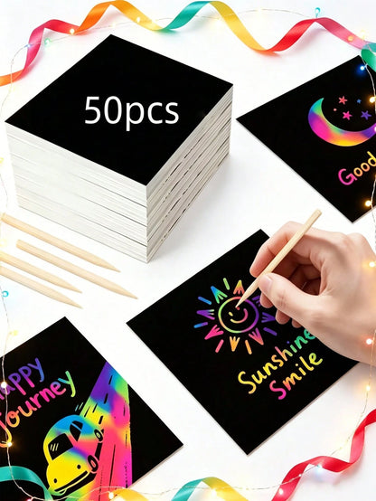100/50pcs Rainbow Scratch Art Paper, Rainbow Art Scratch Paper Set, Magic Scratch Paper Set, Handmade Craft Supplies, Black Scratch Board, Party Game Activity, Classroom, Party, Game, Birthday Gift, S