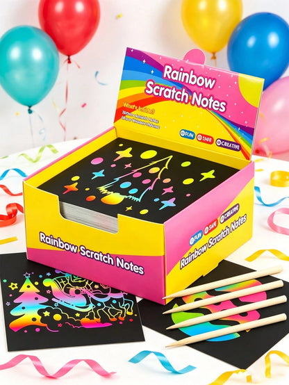 100/50pcs Rainbow Scratch Art Paper, Rainbow Art Scratch Paper Set, Magic Scratch Paper Set, Handmade Craft Supplies, Black Scratch Board, Party Game Activity, Classroom, Party, Game, Birthday Gift, S