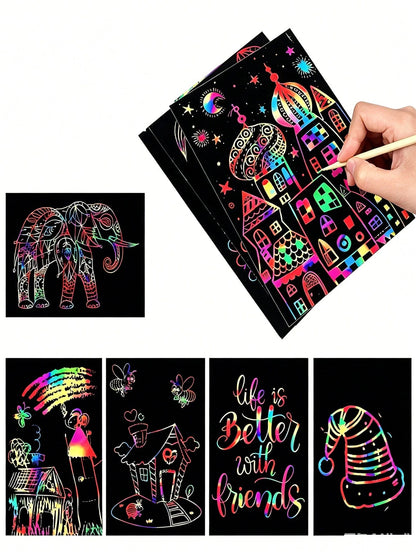 100/50pcs Rainbow Scratch Art Paper, Rainbow Art Scratch Paper Set, Magic Scratch Paper Set, Handmade Craft Supplies, Black Scratch Board, Party Game Activity, Classroom, Party, Game, Birthday Gift, S