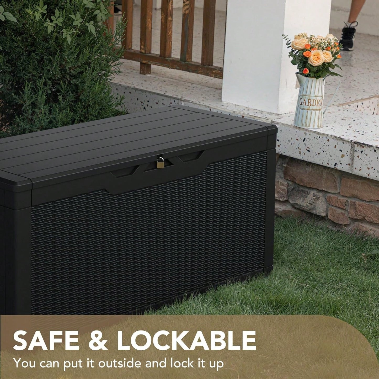 100 Gallon Waterproof Large Resin Deck Box Indoor Outdoor Lockable Storage Container For Patio Furniture Cushions Garden Tools (100 Gallon, Black)