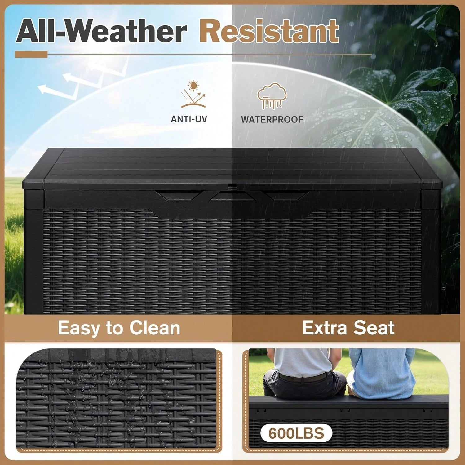 100 Gallon Waterproof Large Resin Deck Box Indoor Outdoor Lockable Storage Container For Patio Furniture Cushions Garden Tools (100 Gallon, Black)