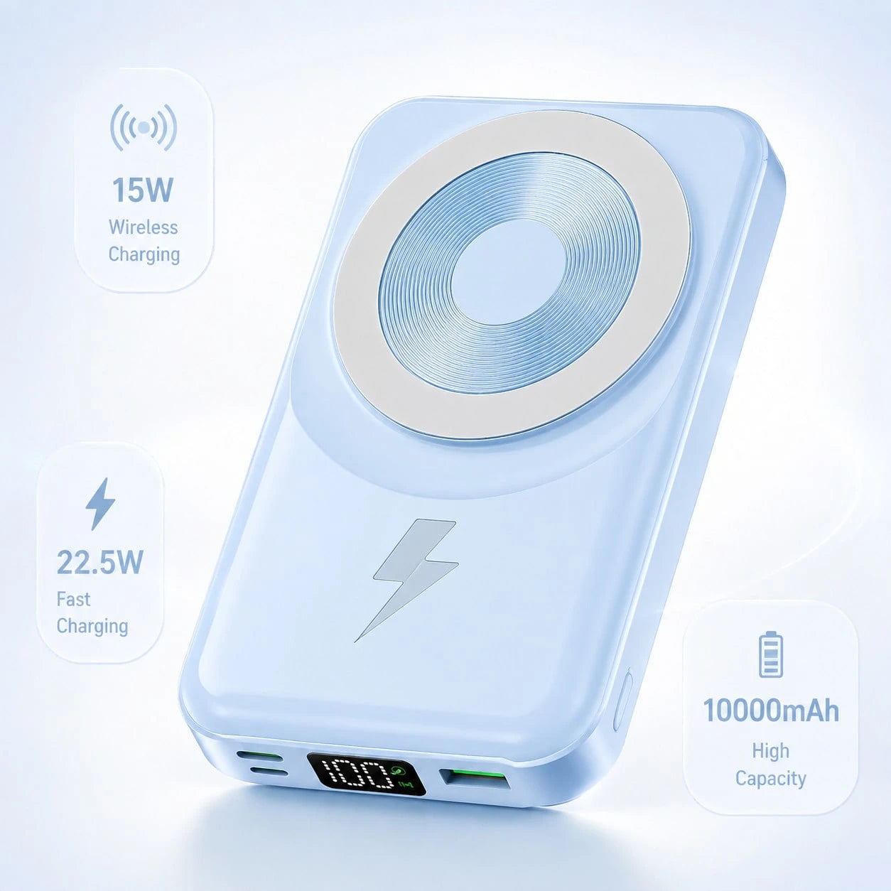 10000mAh Magnetic Wireless Portable Battery Pack 15W Magnetic Suction Wireless Charging 22.5W High-Power Wired Fast Charge Built-In Two Charging Cables Foldable Adjustable Phone Holder LED Battery Lev