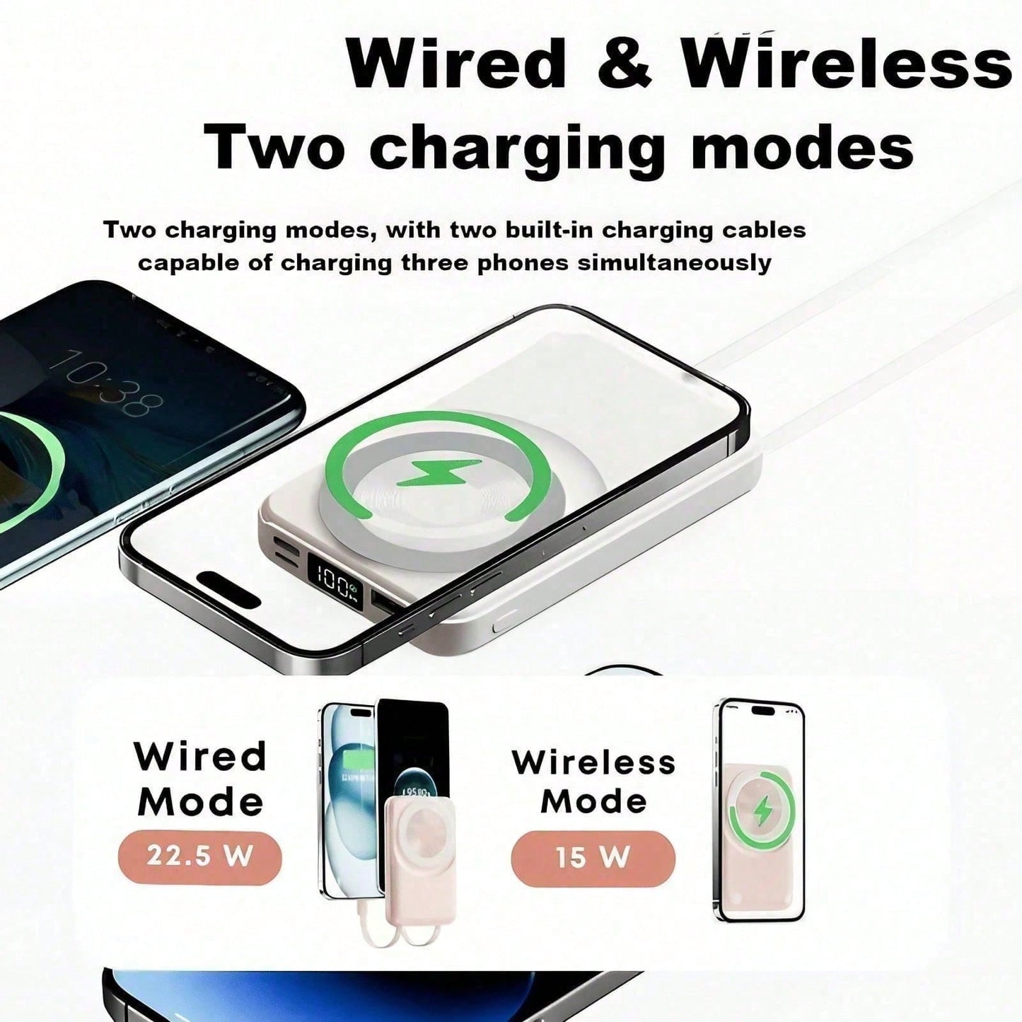 10000mAh Magnetic Wireless Portable Battery Pack 15W Magnetic Suction Wireless Charging 22.5W High-Power Wired Fast Charge Built-In Two Charging Cables Foldable Adjustable Phone Holder LED Battery Lev