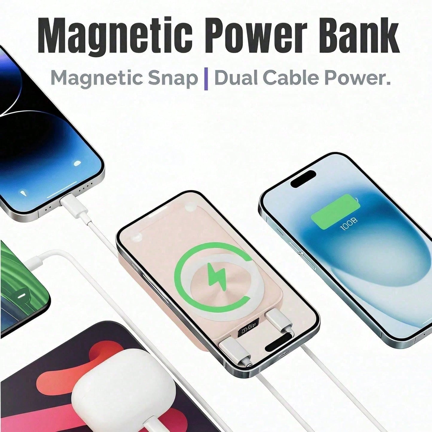 10000mAh Magnetic Wireless Portable Battery Pack 15W Magnetic Suction Wireless Charging 22.5W High-Power Wired Fast Charge Built-In Two Charging Cables Foldable Adjustable Phone Holder LED Battery Lev