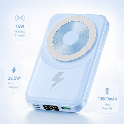 10000mAh Magnetic Wireless Portable Battery Pack 15W Magnetic Suction Wireless Charging 22.5W High-Power Wired Fast Charge Built-In Two Charging Cables Foldable Adjustable Phone Holder LED Battery Lev