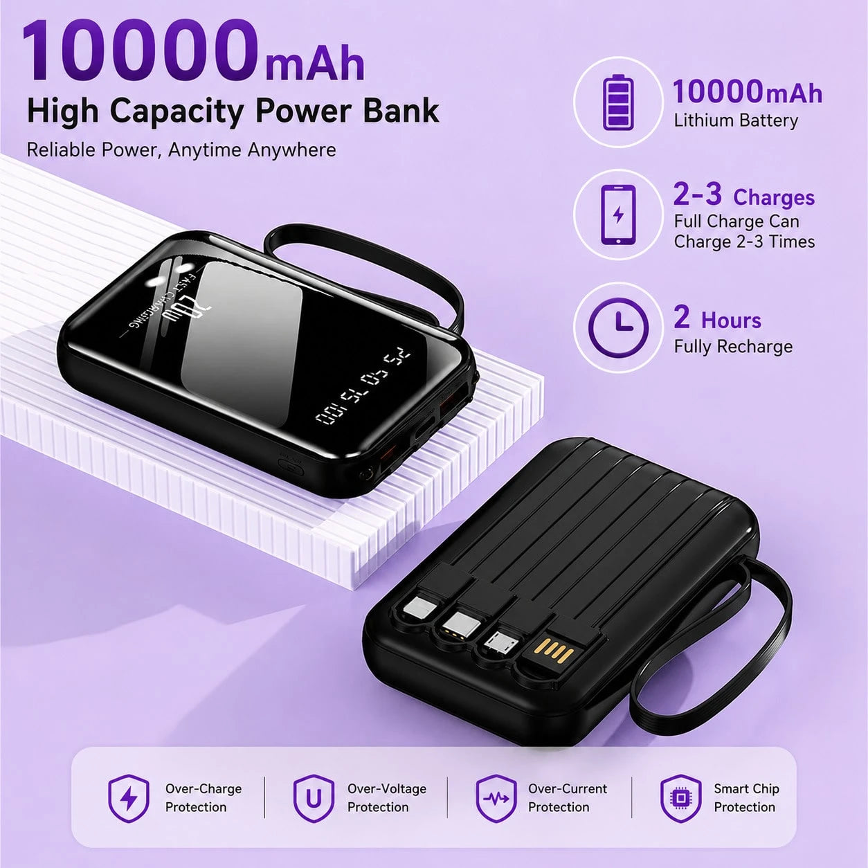 10000mAh Portable Power Bank With Built-In Charging Cables, 20W Output, LED Digital Display, Flashlight, High-Capacity Battery Pack For Travel, Outdoor & Emergency Use