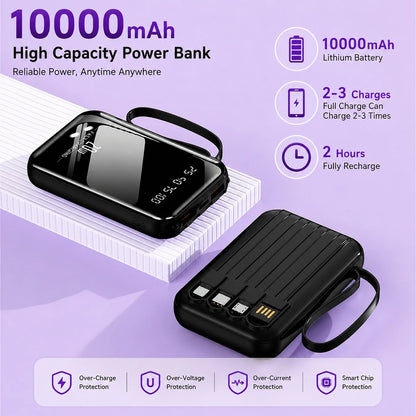 10000mAh Portable Power Bank With Built-In Charging Cables, 20W Output, LED Digital Display, Flashlight, High-Capacity Battery Pack For Travel, Outdoor & Emergency Use
