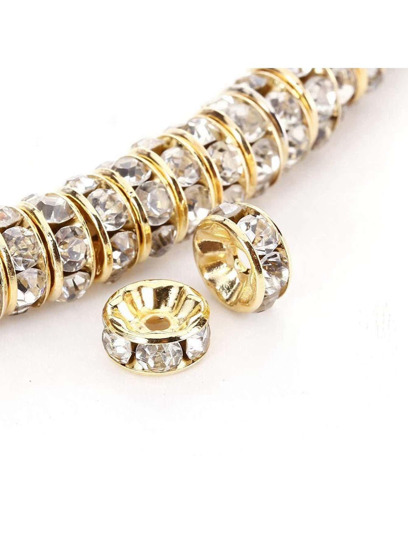 100pcs Gold Tone White Rhinestone Diy Handmade Spacer Beads For Jewelry Making Necklace Loose Beads Round Shape With Holes