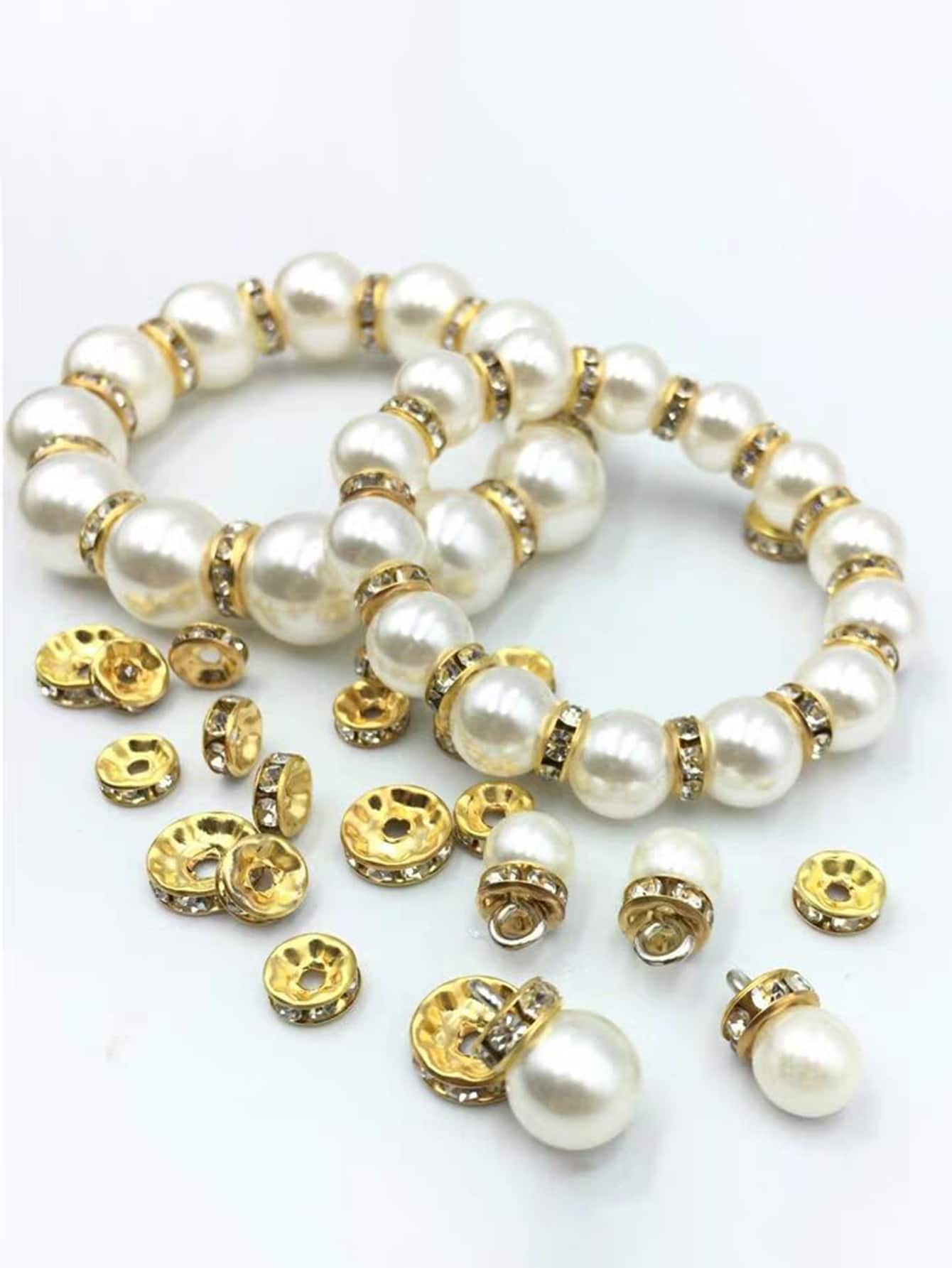100pcs Gold Tone White Rhinestone Diy Handmade Spacer Beads For Jewelry Making Necklace Loose Beads Round Shape With Holes