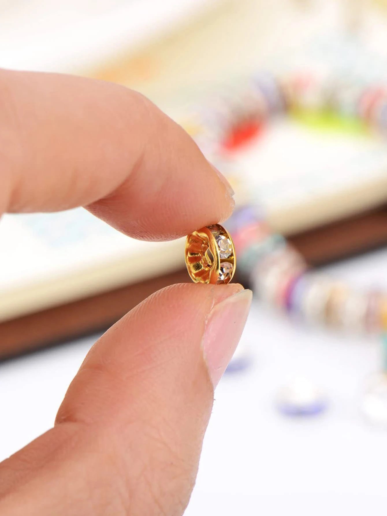100pcs Gold Tone White Rhinestone Diy Handmade Spacer Beads For Jewelry Making Necklace Loose Beads Round Shape With Holes