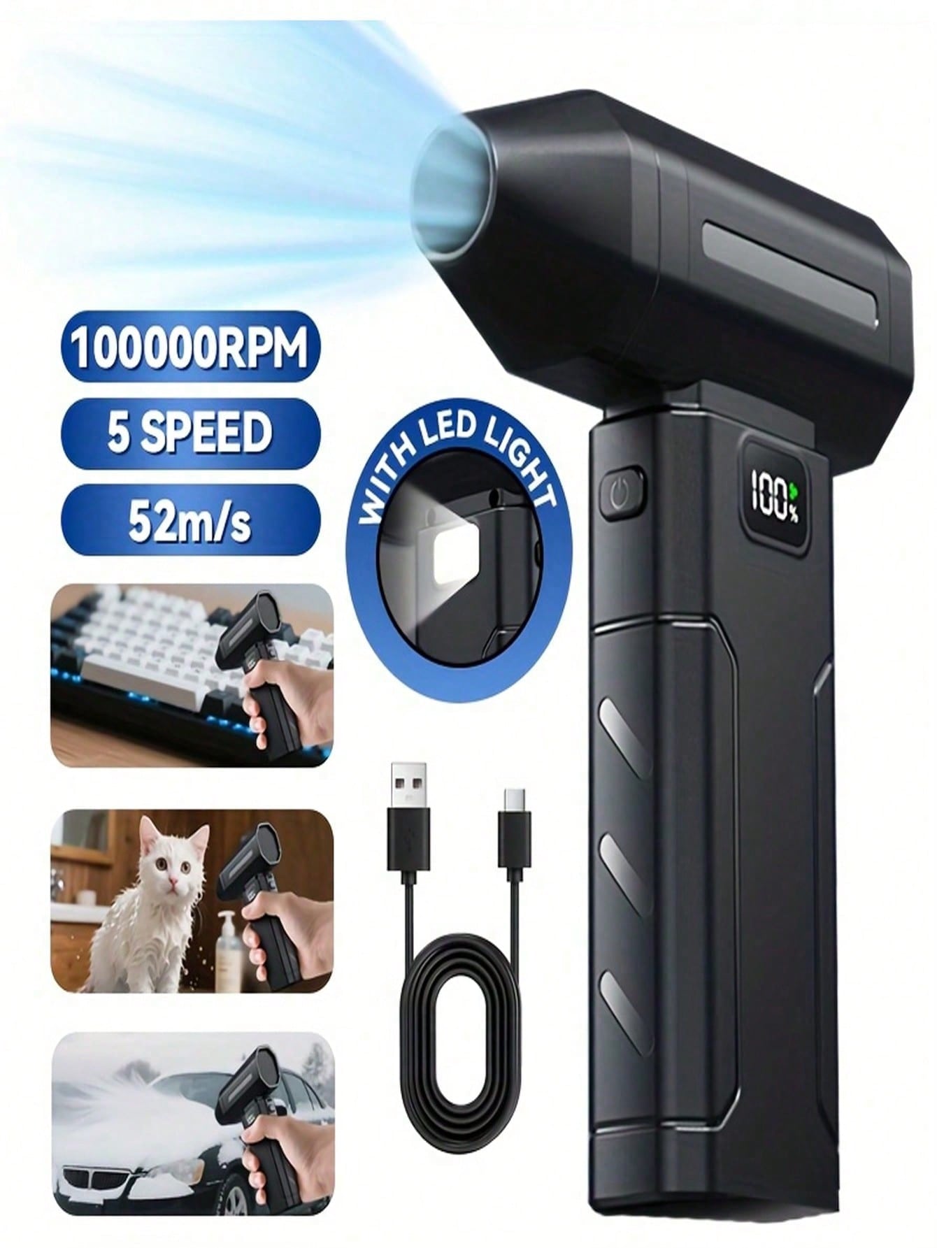 108,000RPM High-Power Cordless Air Duster, Personal Cooling Fan With 2600mAh Rechargeable Battery, 6-Speed Adjustable, Suitable For Keyboard, Computer, Car And Home Cleaning