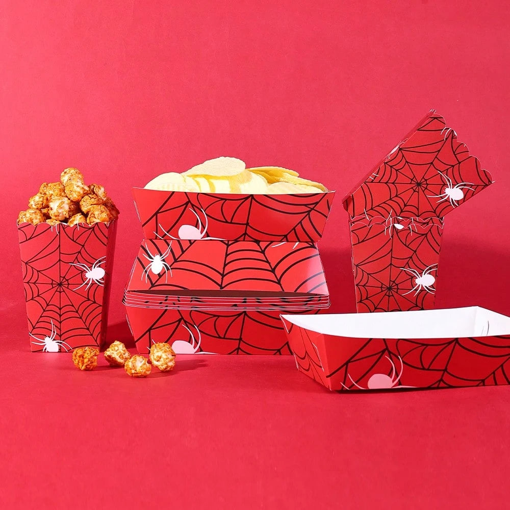 10pcs/20pcs/40pcs Red Spider Web Popcorn Boxes And Snack Trays, Disposable Paper Food Containers, Ideal For Halloween Parties, Birthday Parties, Movie Nights, Carnivals. They Can Hold Popcorn, Chips