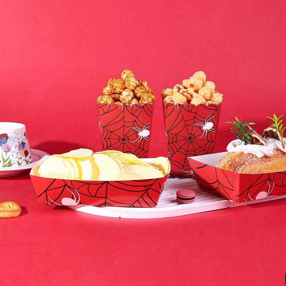 10pcs/20pcs/40pcs Red Spider Web Popcorn Boxes And Snack Trays, Disposable Paper Food Containers, Ideal For Halloween Parties, Birthday Parties, Movie Nights, Carnivals. They Can Hold Popcorn, Chips