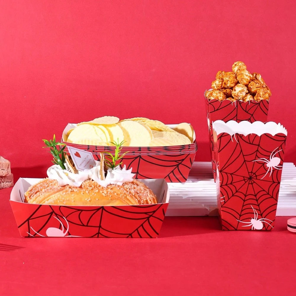 10pcs/20pcs/40pcs Red Spider Web Popcorn Boxes And Snack Trays, Disposable Paper Food Containers, Ideal For Halloween Parties, Birthday Parties, Movie Nights, Carnivals. They Can Hold Popcorn, Chips