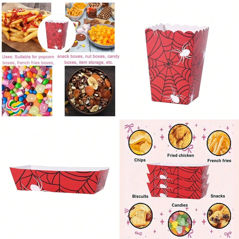 10pcs/20pcs/40pcs Red Spider Web Popcorn Boxes And Snack Trays, Disposable Paper Food Containers, Ideal For Halloween Parties, Birthday Parties, Movie Nights, Carnivals. They Can Hold Popcorn, Chips
