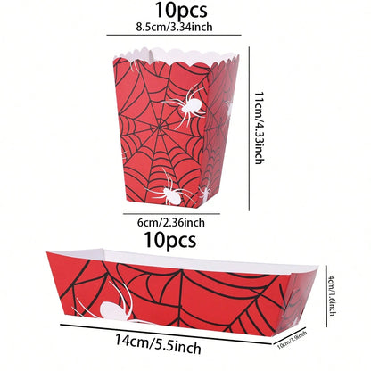 10pcs/20pcs/40pcs Red Spider Web Popcorn Boxes And Snack Trays, Disposable Paper Food Containers, Ideal For Halloween Parties, Birthday Parties, Movie Nights, Carnivals. They Can Hold Popcorn, Chips