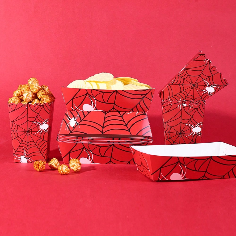 10pcs/20pcs/40pcs Red Spider Web Popcorn Boxes And Snack Trays, Disposable Paper Food Containers, Ideal For Halloween Parties, Birthday Parties, Movie Nights, Carnivals. They Can Hold Popcorn, Chips