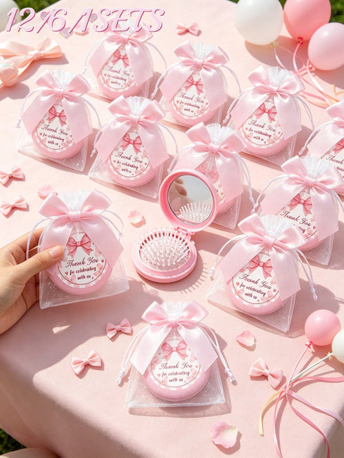 12/6/1-Pink Bow Plaid Style Portable Folding Air Cushion Mirror Comb With Pink Bow Organza Bag Set- DIY Fillable Gift Bag, Cute Pink Gift Packaging Bag Thank You Gift- Suitable For Gender Reveal Par