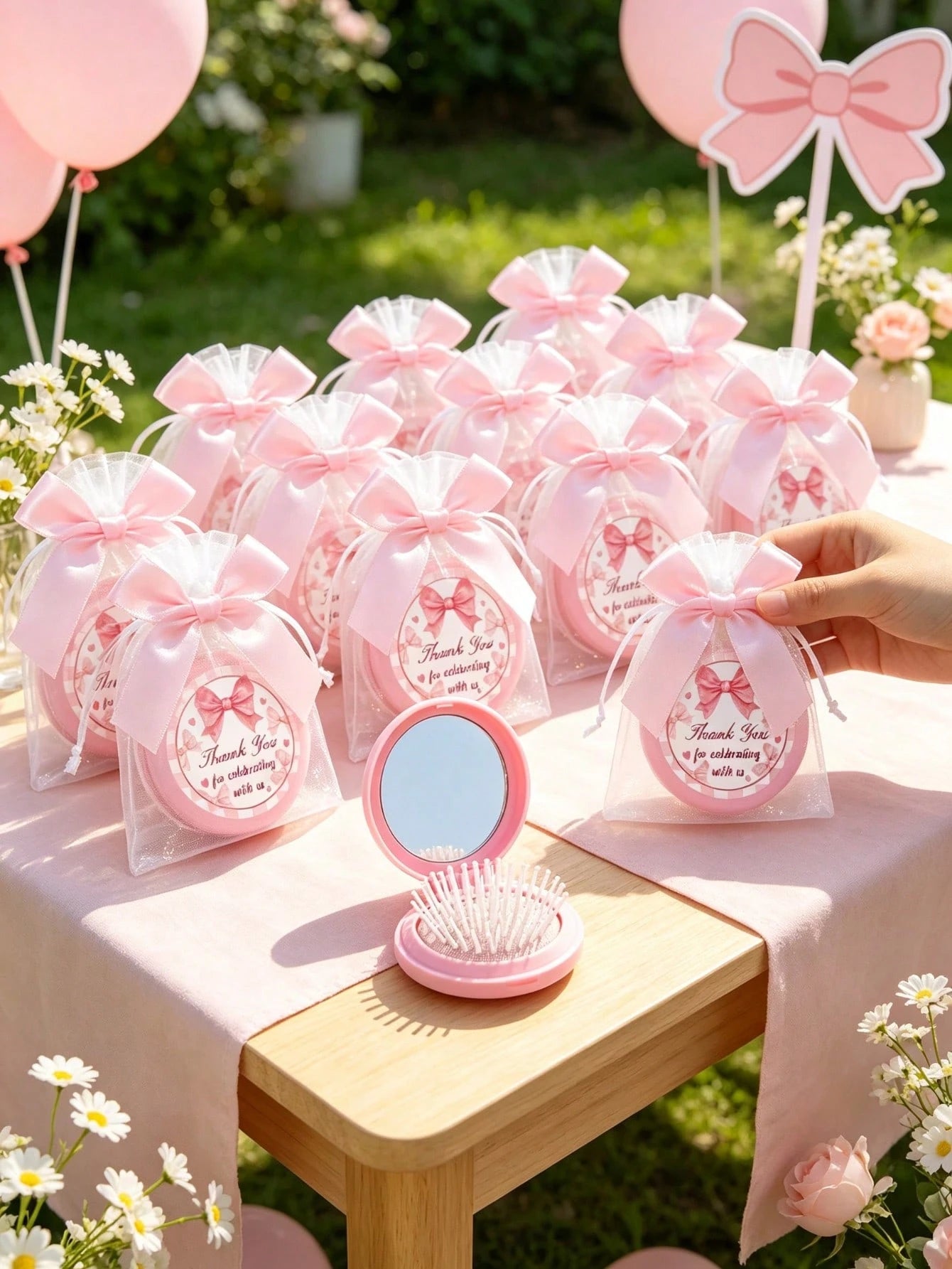 12/6/1-Pink Bow Plaid Style Portable Folding Air Cushion Mirror Comb With Pink Bow Organza Bag Set- DIY Fillable Gift Bag, Cute Pink Gift Packaging Bag Thank You Gift- Suitable For Gender Reveal Par