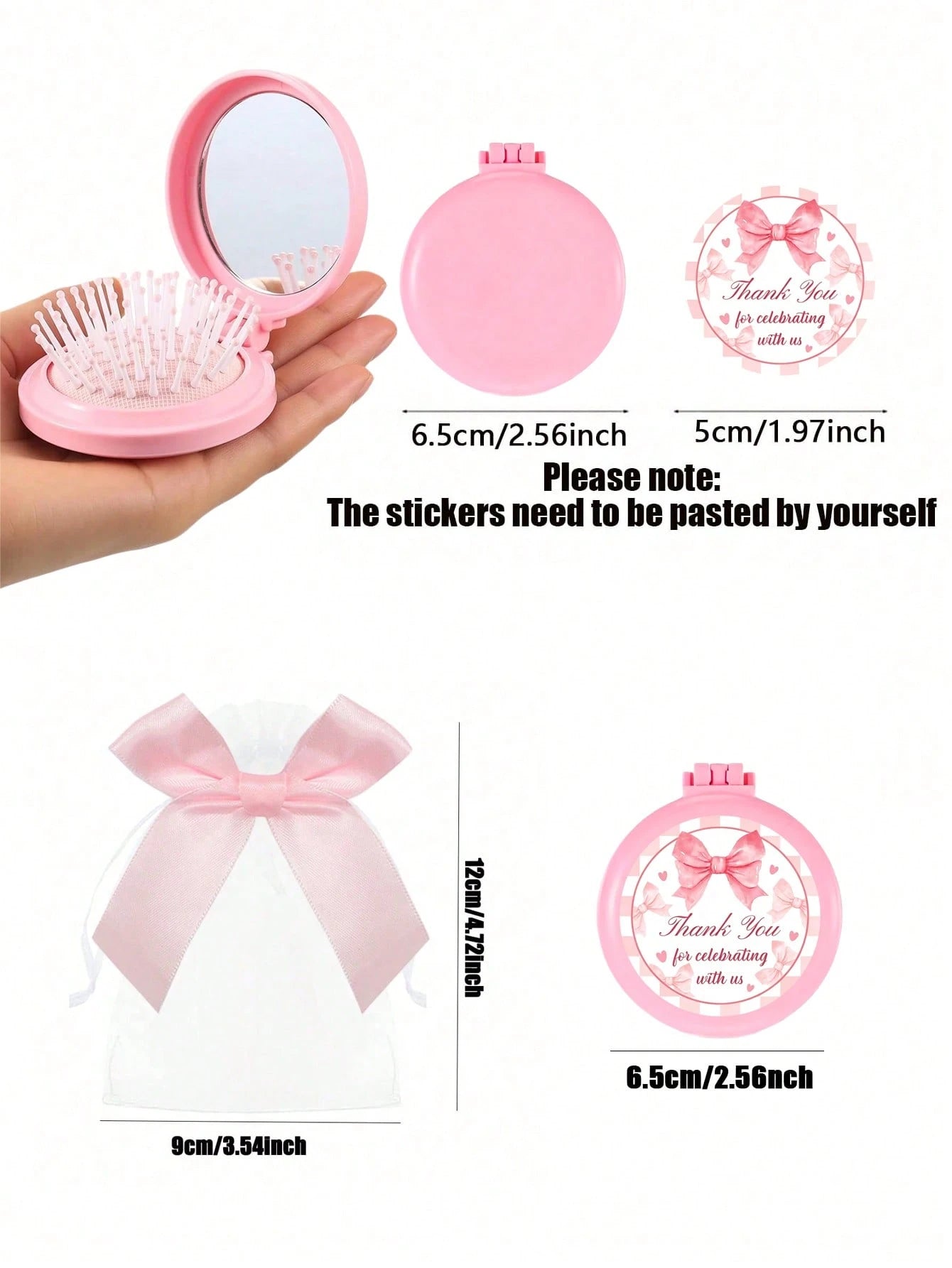 12/6/1-Pink Bow Plaid Style Portable Folding Air Cushion Mirror Comb With Pink Bow Organza Bag Set- DIY Fillable Gift Bag, Cute Pink Gift Packaging Bag Thank You Gift- Suitable For Gender Reveal Par