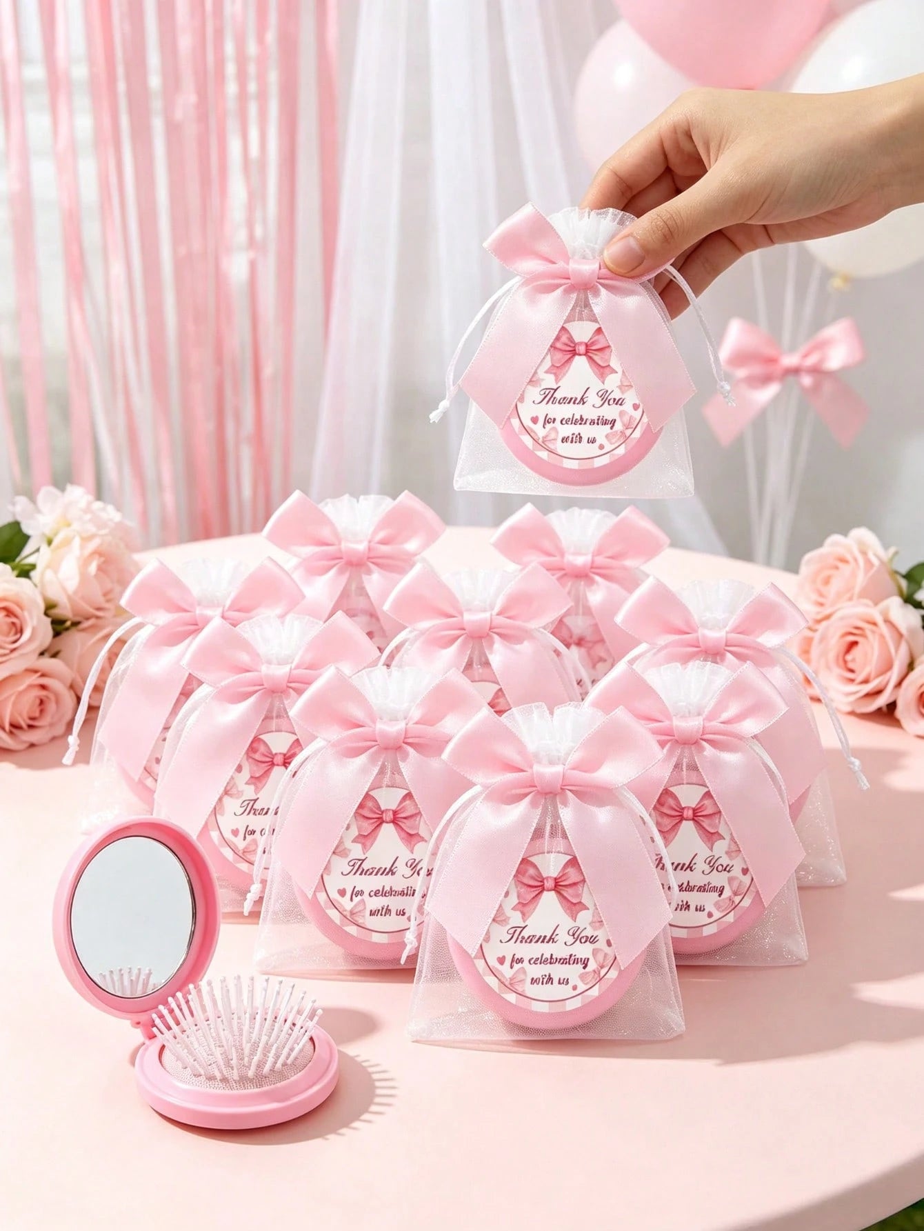 12/6/1-Pink Bow Plaid Style Portable Folding Air Cushion Mirror Comb With Pink Bow Organza Bag Set- DIY Fillable Gift Bag, Cute Pink Gift Packaging Bag Thank You Gift- Suitable For Gender Reveal Par