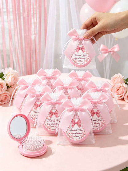 12/6/1-Pink Bow Plaid Style Portable Folding Air Cushion Mirror Comb With Pink Bow Organza Bag Set- DIY Fillable Gift Bag, Cute Pink Gift Packaging Bag Thank You Gift- Suitable For Gender Reveal Par