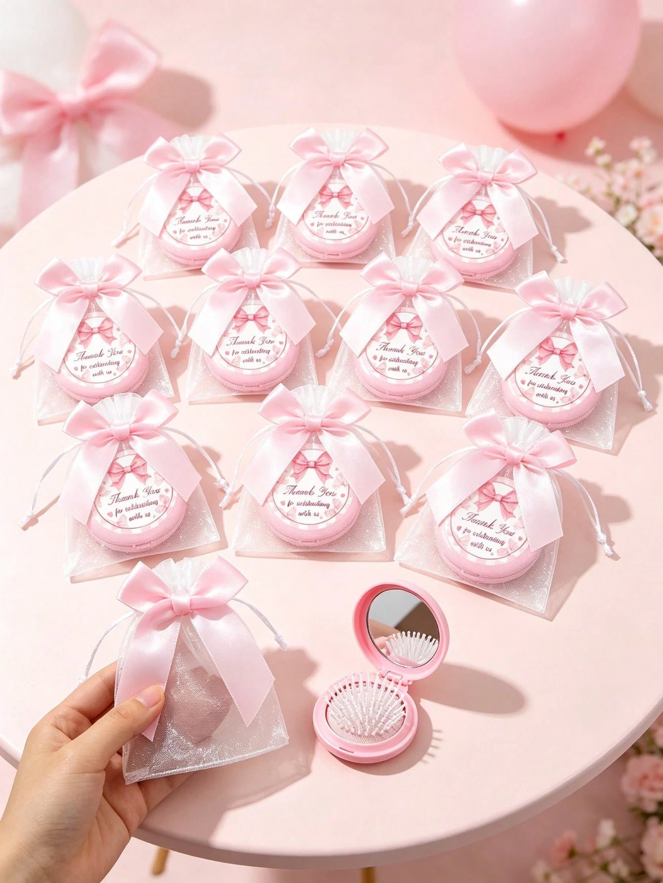 12/6/1-Pink Bow Plaid Style Portable Folding Air Cushion Mirror Comb With Pink Bow Organza Bag Set- DIY Fillable Gift Bag, Cute Pink Gift Packaging Bag Thank You Gift- Suitable For Gender Reveal Par