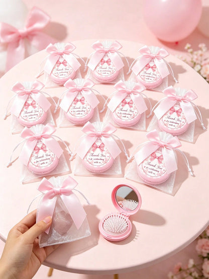 12/6/1-Pink Bow Plaid Style Portable Folding Air Cushion Mirror Comb With Pink Bow Organza Bag Set- DIY Fillable Gift Bag, Cute Pink Gift Packaging Bag Thank You Gift- Suitable For Gender Reveal Par