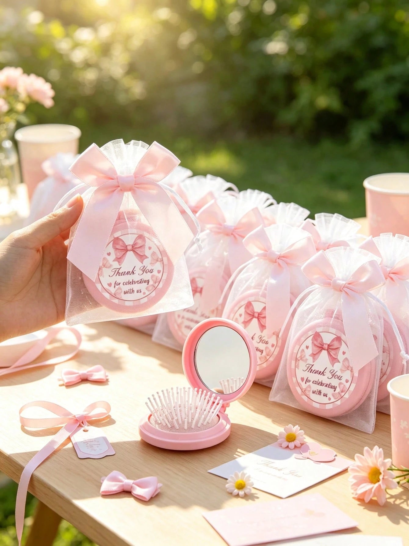 12/6/1-Pink Bow Plaid Style Portable Folding Air Cushion Mirror Comb With Pink Bow Organza Bag Set- DIY Fillable Gift Bag, Cute Pink Gift Packaging Bag Thank You Gift- Suitable For Gender Reveal Par
