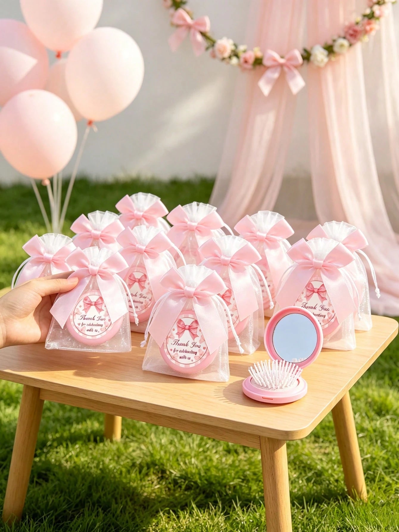 12/6/1-Pink Bow Plaid Style Portable Folding Air Cushion Mirror Comb With Pink Bow Organza Bag Set- DIY Fillable Gift Bag, Cute Pink Gift Packaging Bag Thank You Gift- Suitable For Gender Reveal Par