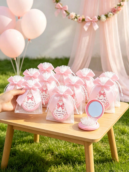 12/6/1-Pink Bow Plaid Style Portable Folding Air Cushion Mirror Comb With Pink Bow Organza Bag Set- DIY Fillable Gift Bag, Cute Pink Gift Packaging Bag Thank You Gift- Suitable For Gender Reveal Par