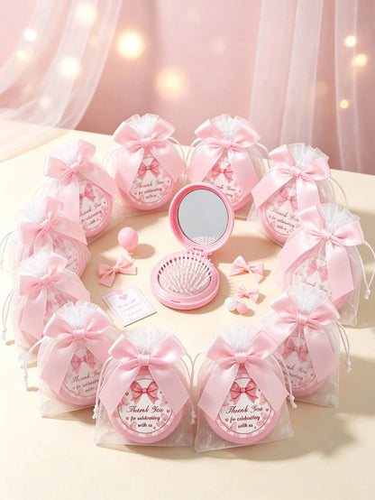 12/6/1-Pink Bow Plaid Style Portable Folding Air Cushion Mirror Comb With Pink Bow Organza Bag Set- DIY Fillable Gift Bag, Cute Pink Gift Packaging Bag Thank You Gift- Suitable For Gender Reveal Par
