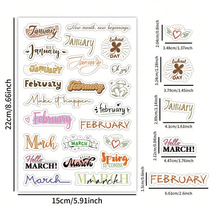 127pcs/4 Sheets Monthly Vocabulary Decorative Stickers, Monthly Planner Stickers, Scrapbook Stickers, Water Bottle Stickers, Cup Stickers, Gift Decorative Stickers, Annual Monthly Label Stickers